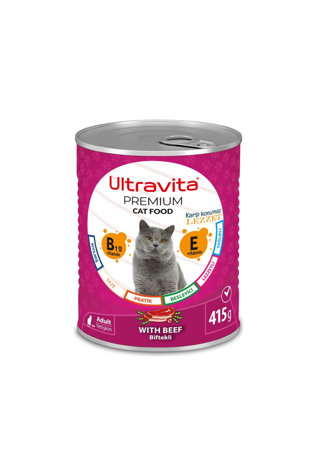 Ultravita Premium Yüksek Proteinli Sığır Etli Konserve Yaş Kedi Maması 415GRX24 Adet