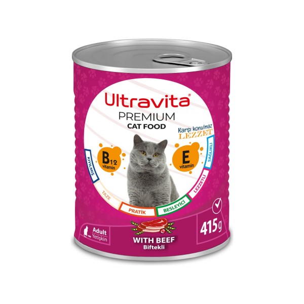 Ultravita Premium Yüksek Proteinli Sığır Etli Konserve Yaş Kedi Maması 415GRX24 Adet